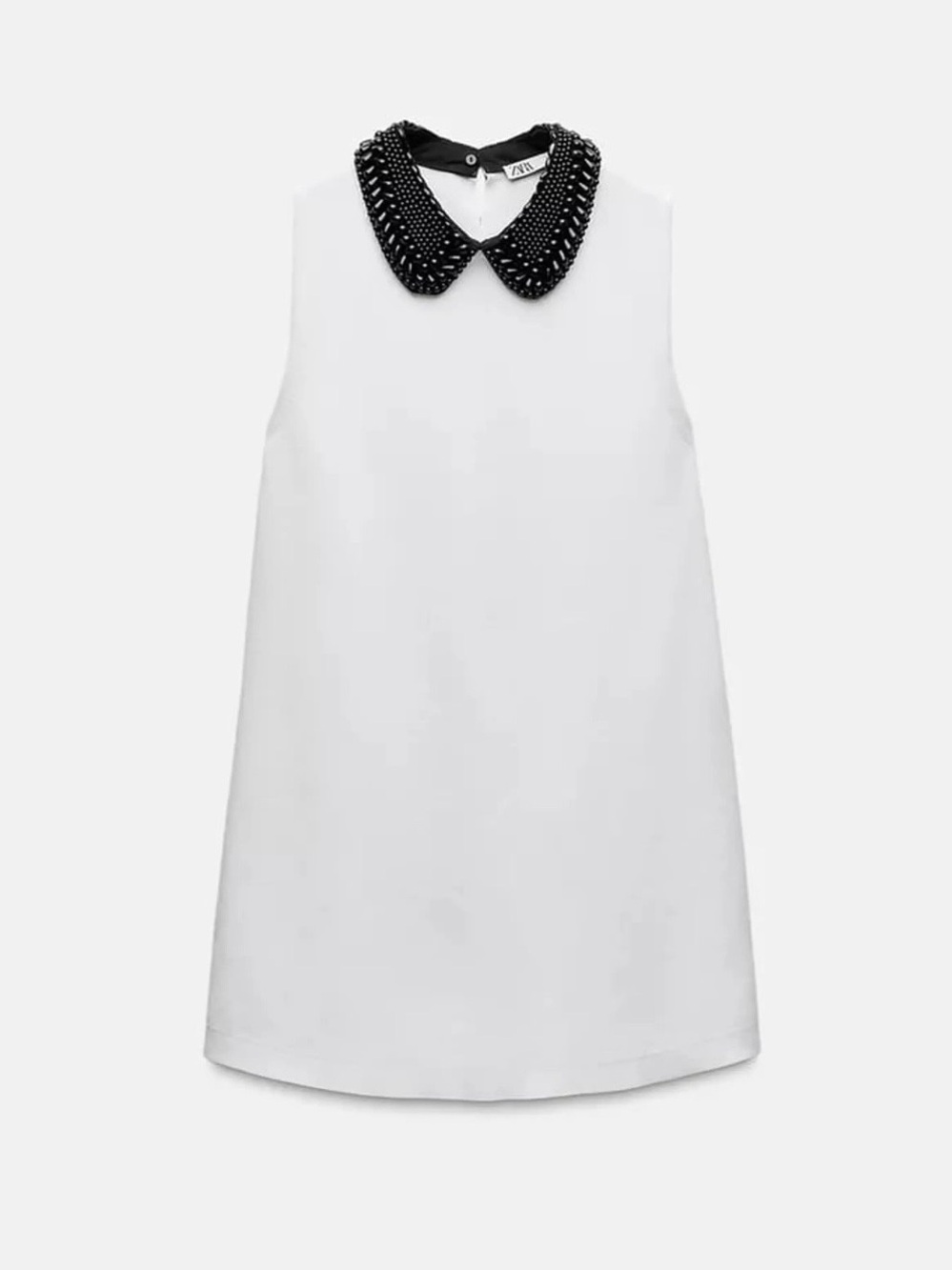 Zara White Sleeveless Knit Shift Dress with Black Beaded Peter Pan Collar Size L
